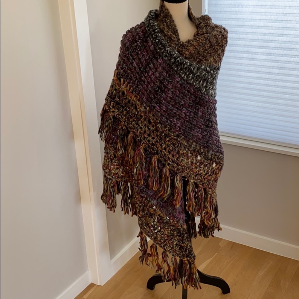 Free People Multicolor Knit Fringe Poncho - Browns, Greens, Purple